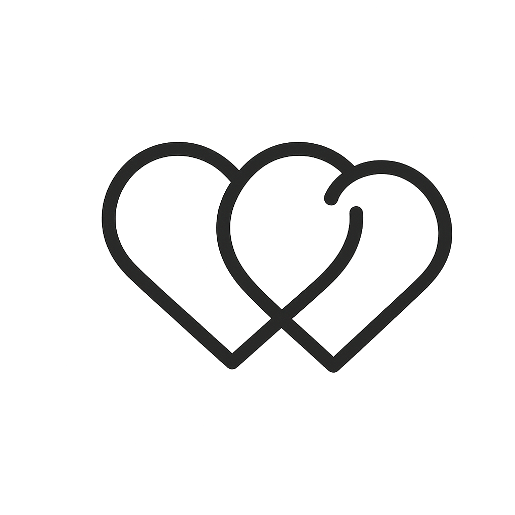 Two interlocking hearts with a gold accent representing connection, empathy, and balanced partnership.