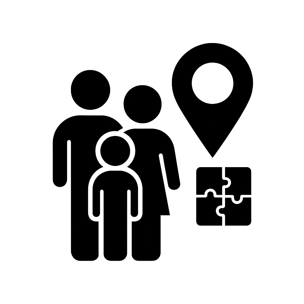 Silhouette of a parent and child standing beside a puzzle piece symbolizing family guidance and mutual understanding.