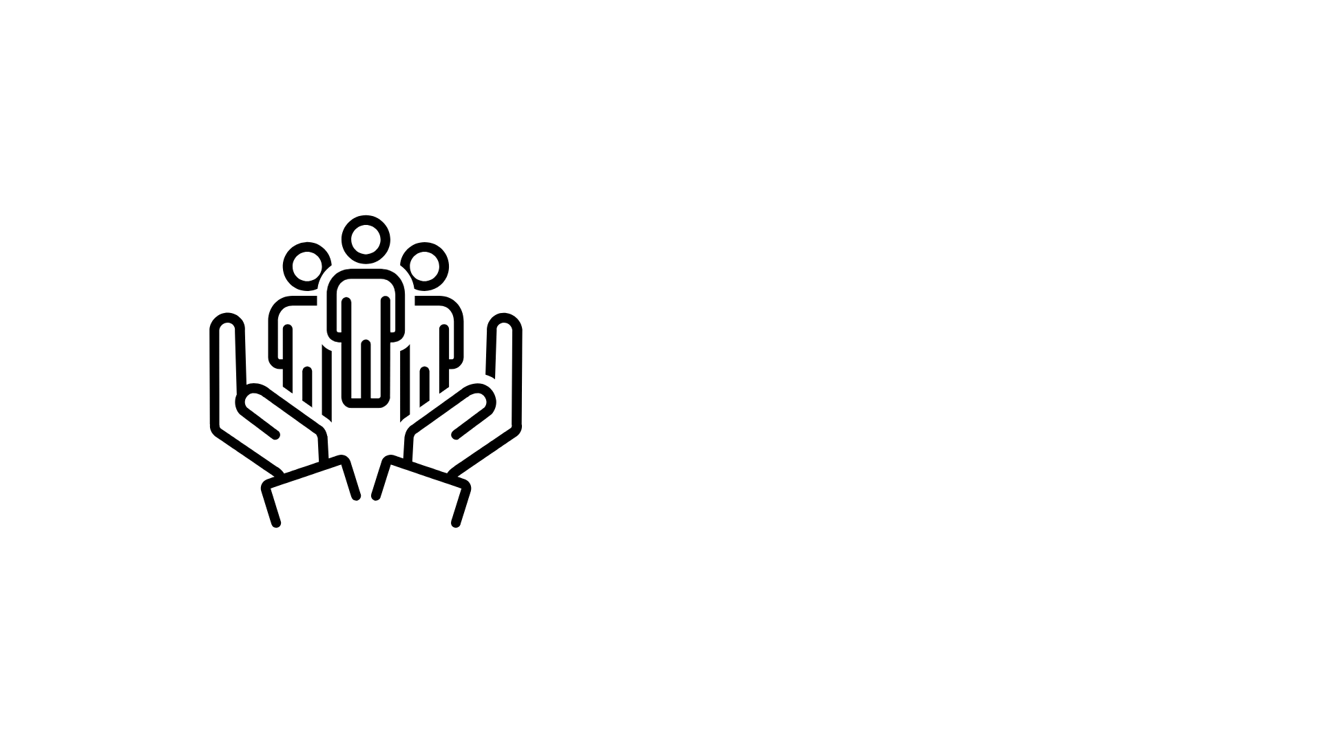 Minimal black line icon of open hands supporting a group of people, symbolizing the diverse individuals, couples, parents, and professionals served by Mind Modes™.