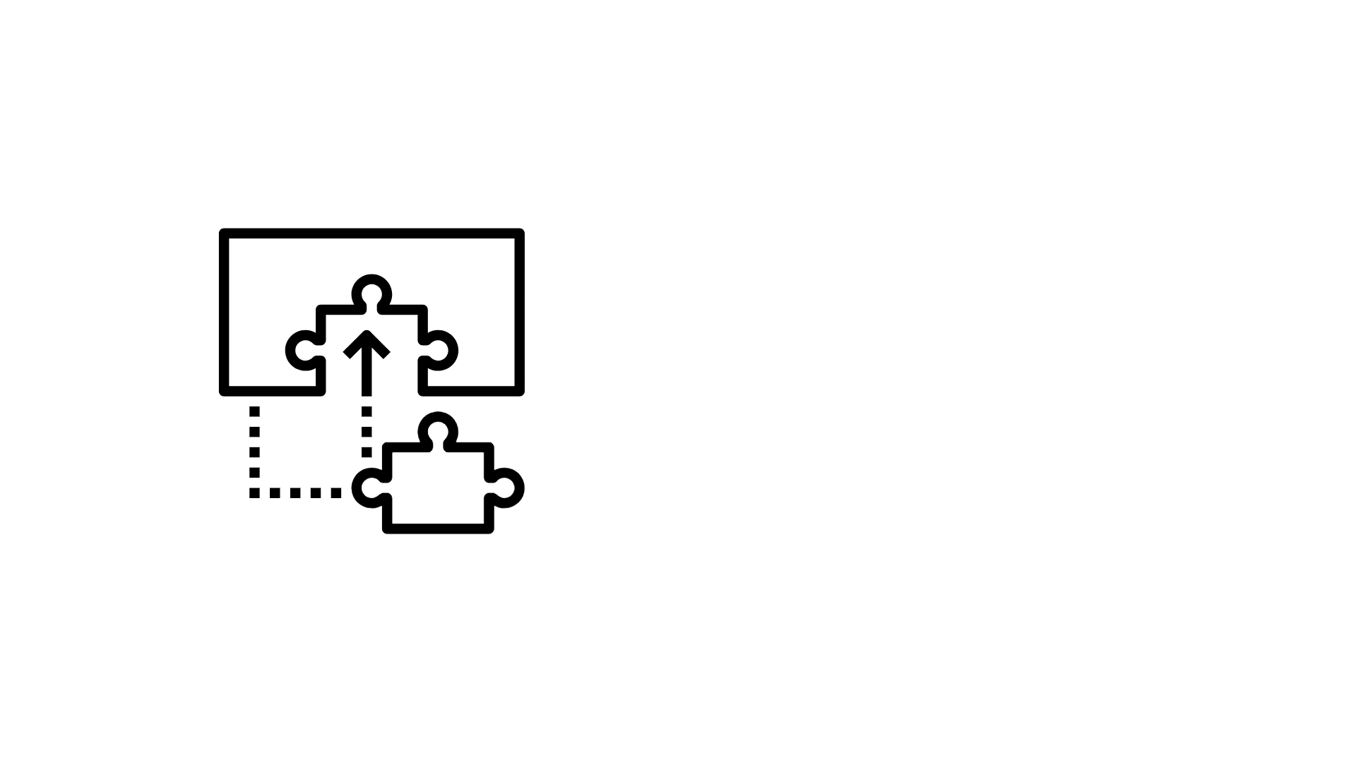 Minimal black line icon of a puzzle piece being placed into a larger puzzle, symbolizing the unique and integrative approach of Mind Modes™.