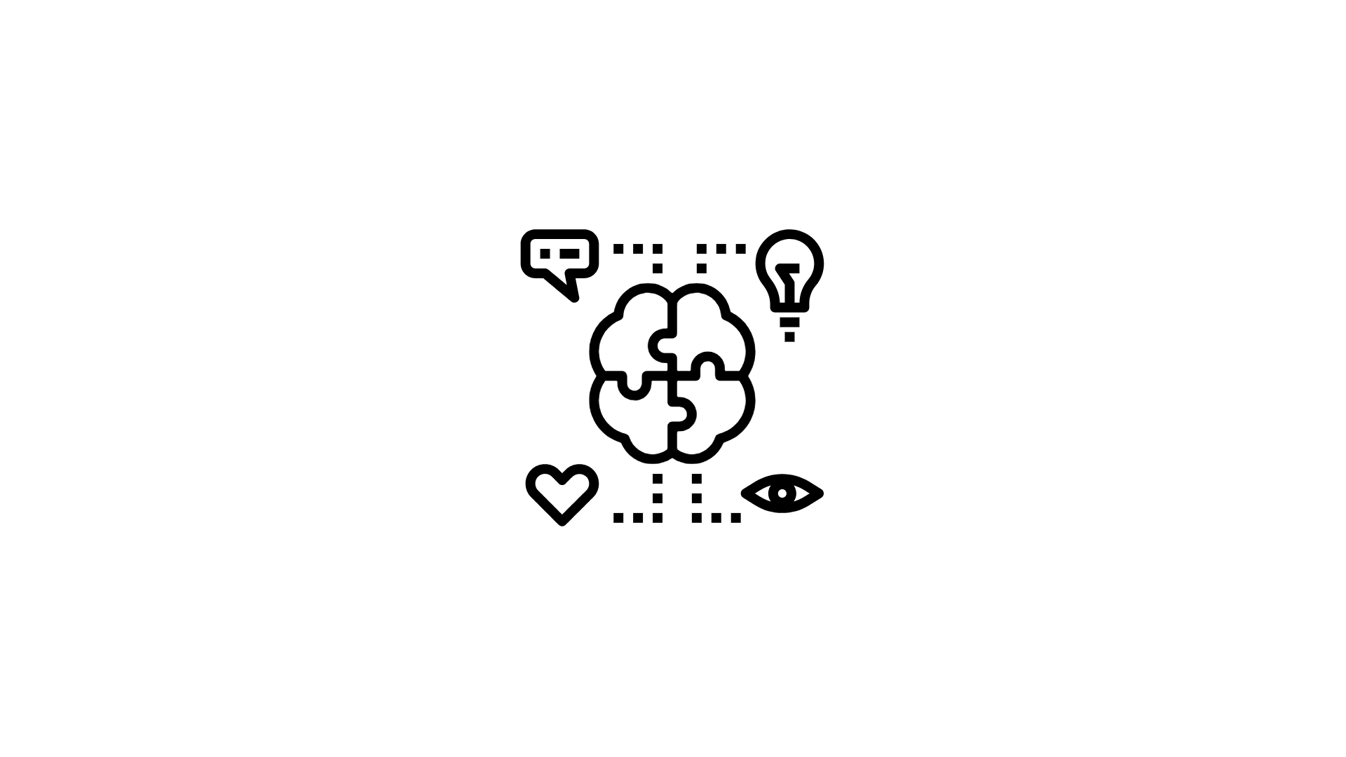 Minimal black line icon of a brain puzzle surrounded by a heart, lightbulb, chat bubble, and eye — representing the connection between knowledge, emotion, insight, and action.