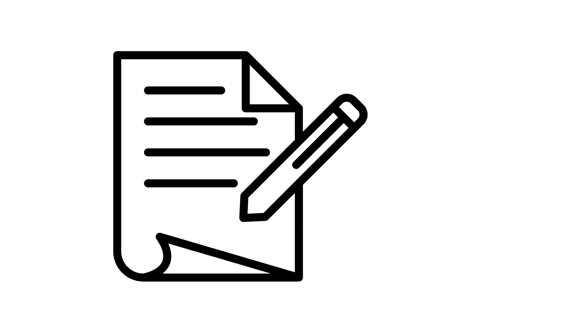 Minimal black line icon of a pen writing on paper, symbolizing the founder’s personal note and reflection.