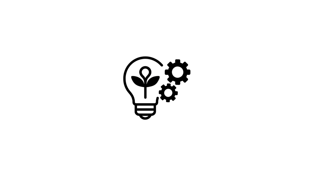 Minimalist lightbulb with gears icon representing strategic business design.