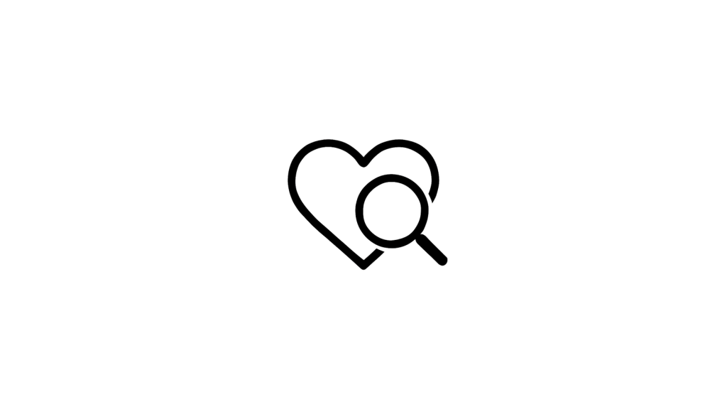 Minimalist heart-and-search icon representing guided matchmaking.