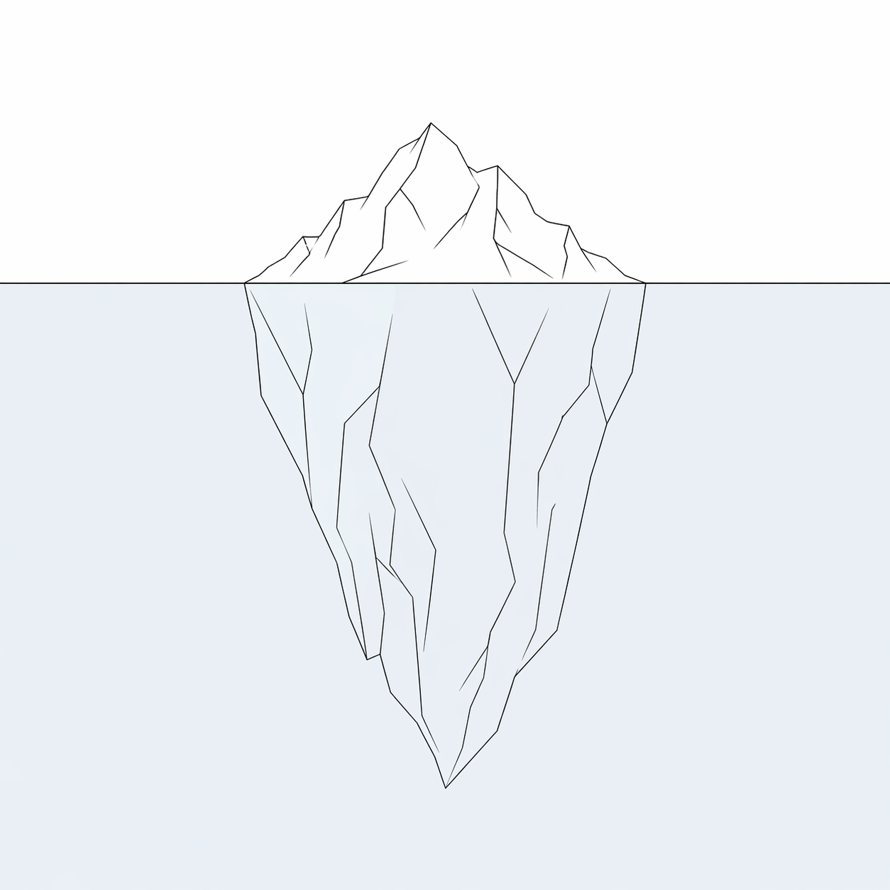 Minimal line illustration of an iceberg, with a small visible tip above the surface and a much larger hidden structure below, representing how observable behavior is only a small part of deeper underlying cognitive and stress patterns.