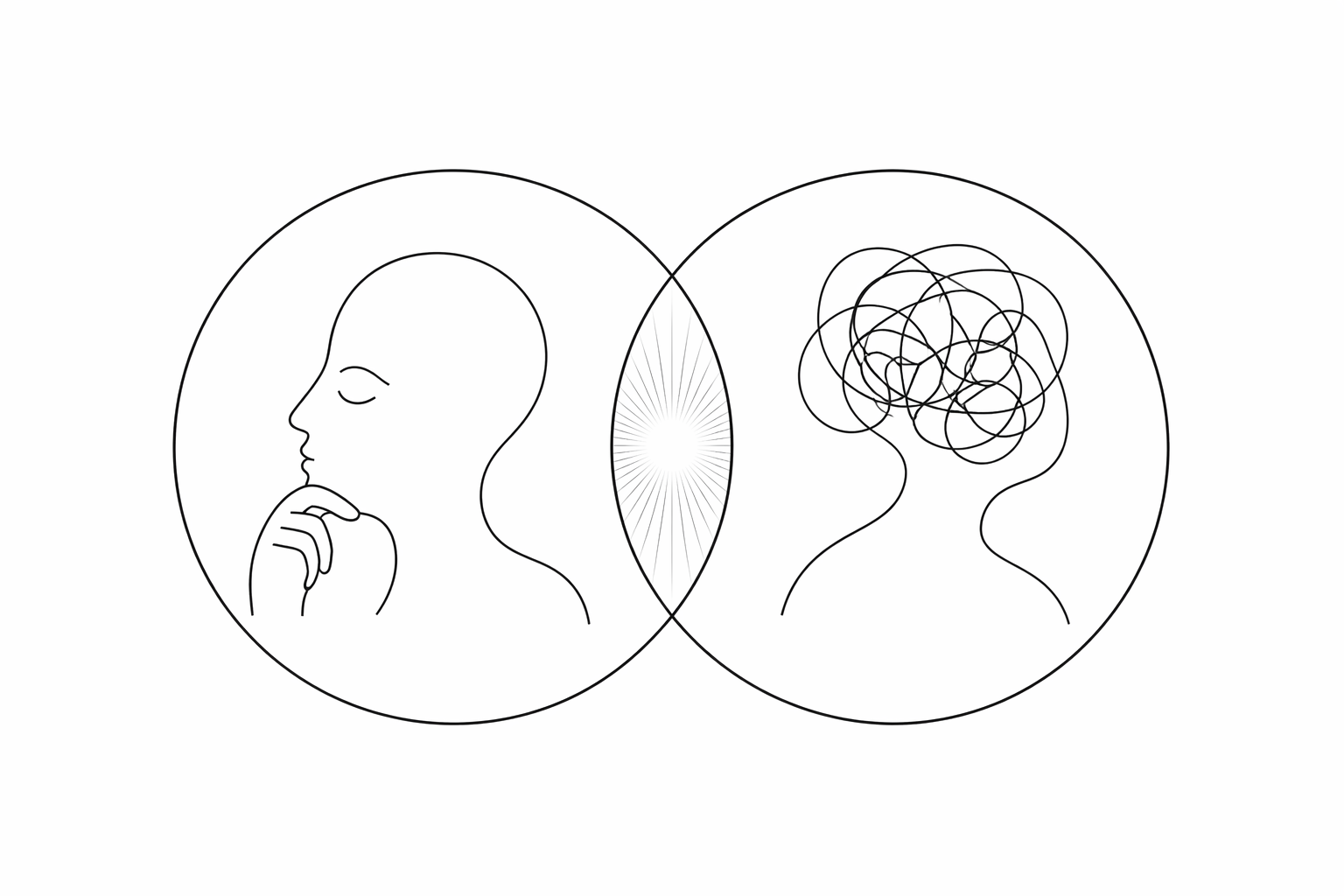 Two overlapping head outlines, one calm and one tangled, showing how thinking changes under stress.