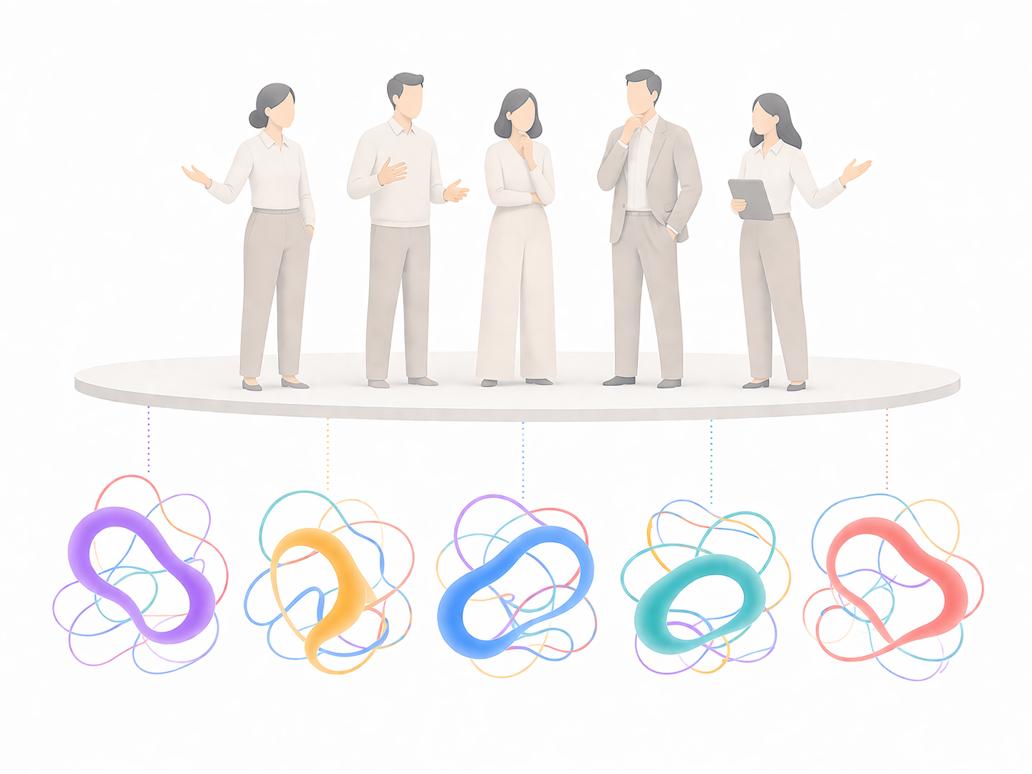Five people standing above a transparent floor, each with a unique cluster of interconnected Mind Modes® wave-loops beneath them. The largest color in each cluster matches their dominant thinking mode, reflected subtly in their posture.