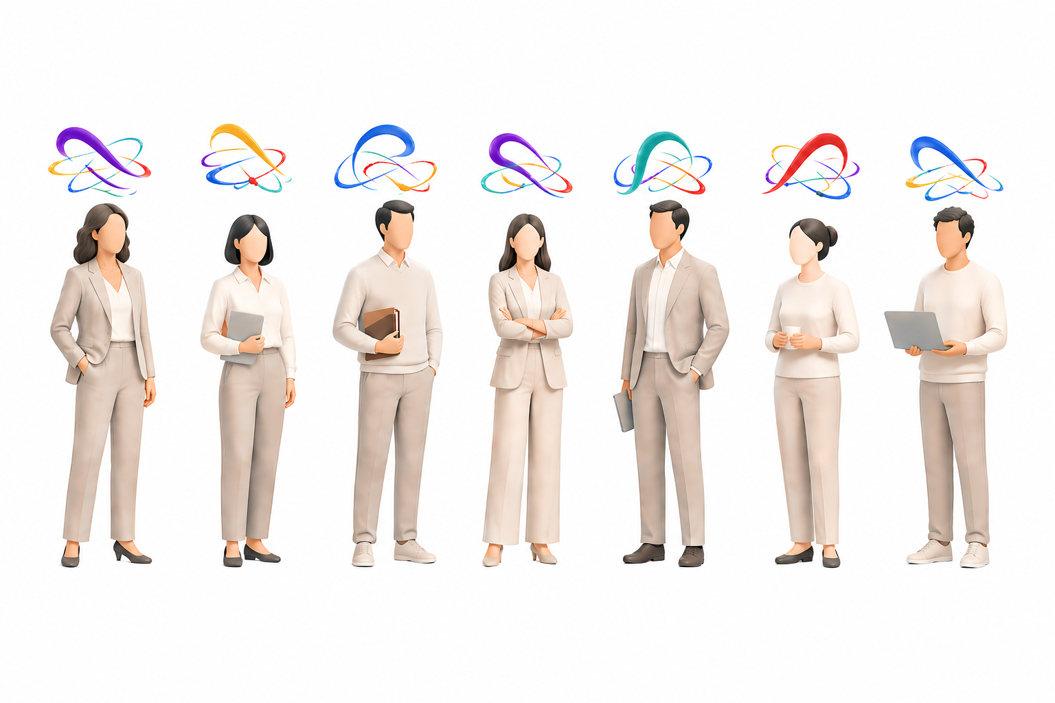 A diverse group of minimal silhouettes representing different organisational roles, each with a soft multi‑color Mind Modes® glow behind them, symbolizing cognitive diversity across industries.