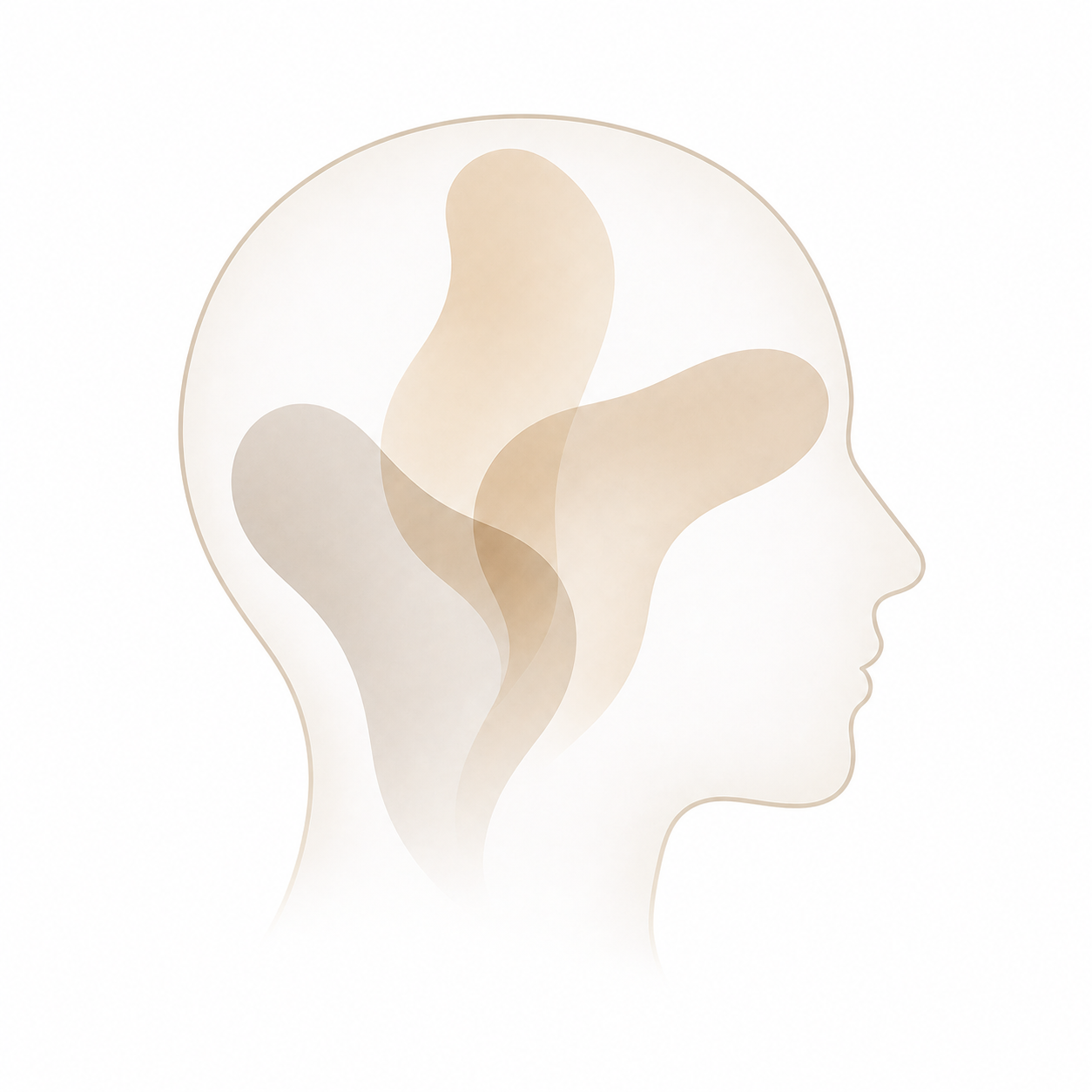 Minimalist head silhouette with three translucent organic shapes inside, each subtly oriented forward, upward, and backward to represent dynamic shifts in thinking.