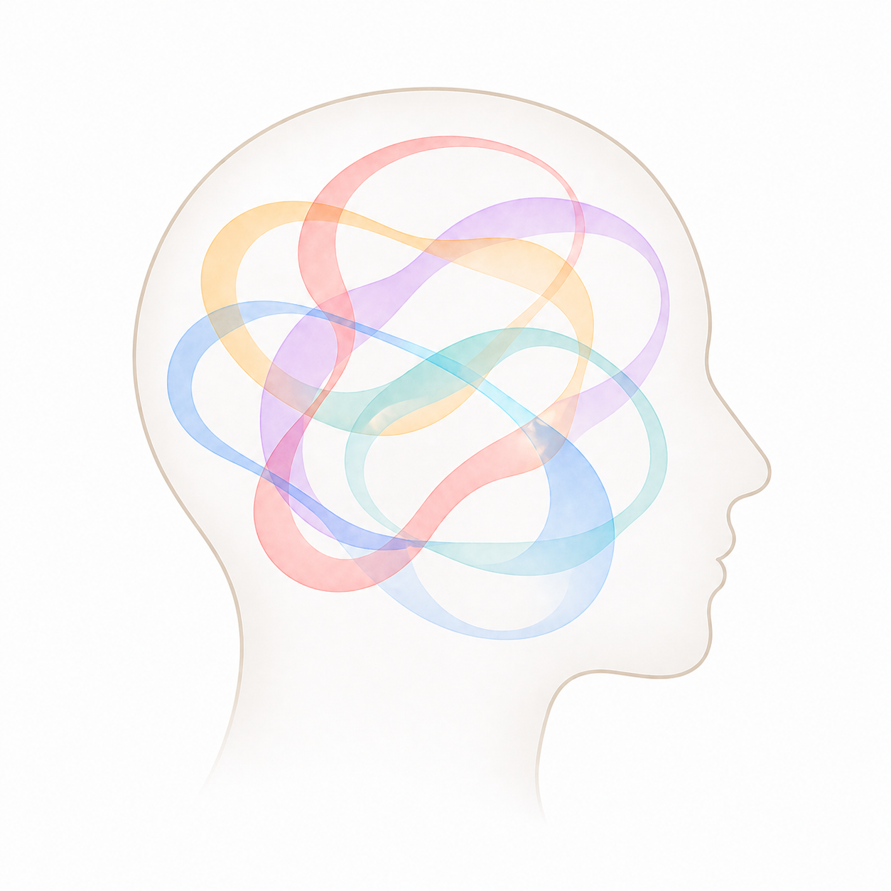 Minimal head silhouette with five translucent colored orbits inside—red, yellow, blue, purple, and teal—representing the five Mind Modes® moving in dynamic, non‑fixed paths.