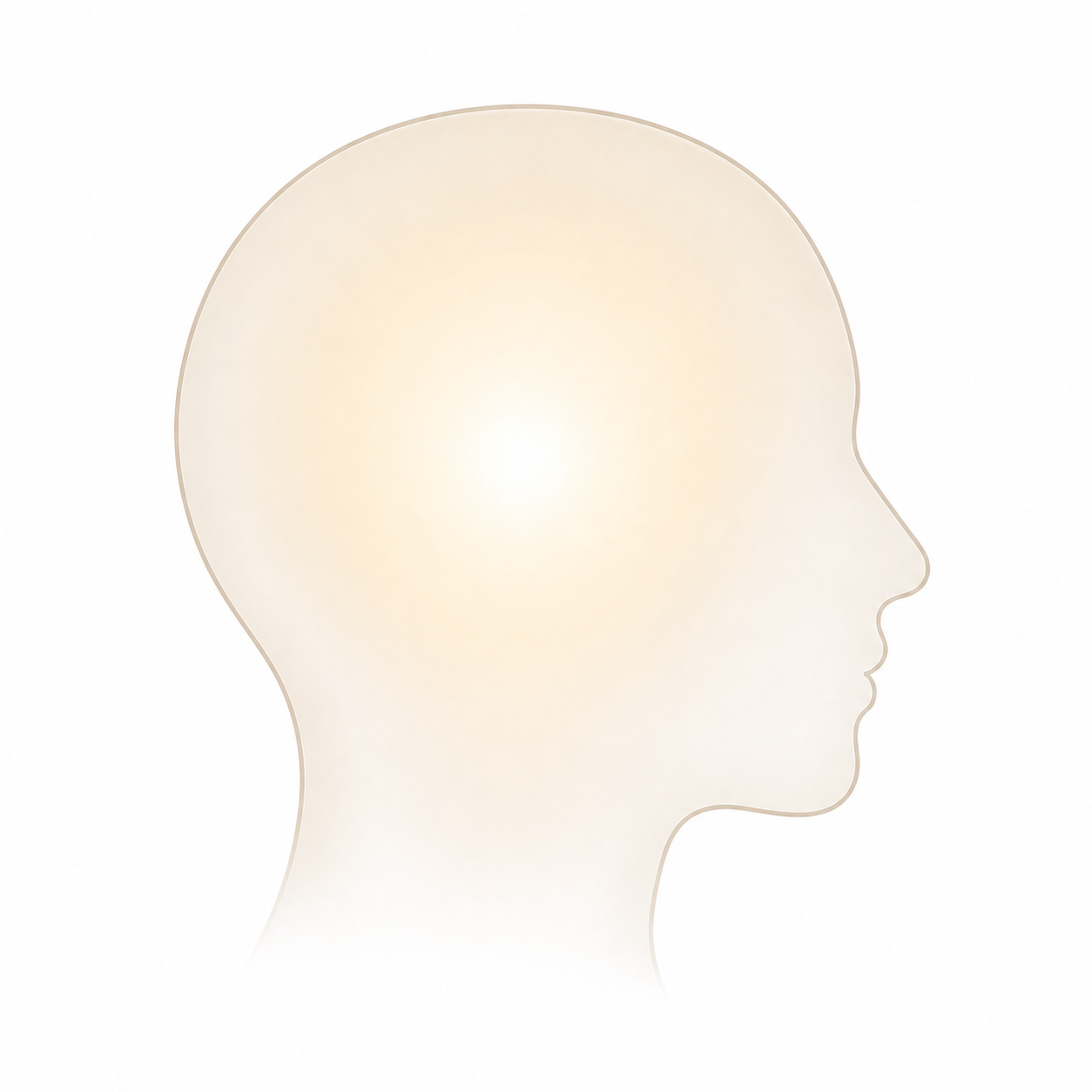 Minimal head silhouette with a soft inner glow, symbolizing readiness for deeper self-understanding.