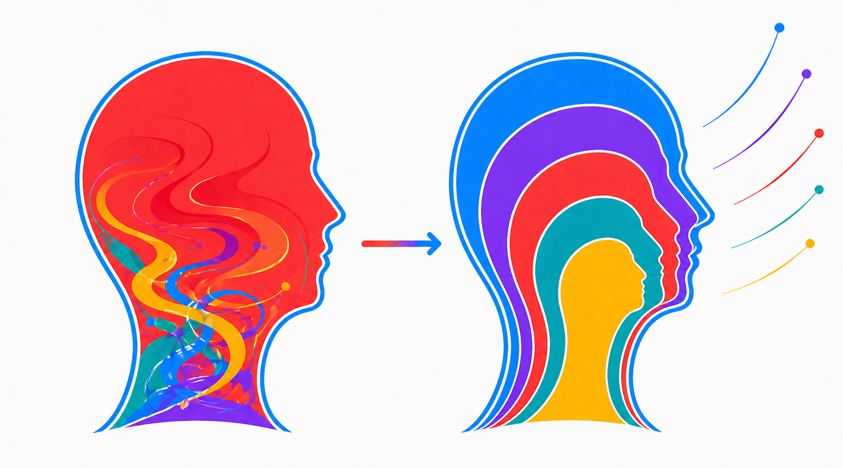 Illustration of two human head silhouettes showing a shift from stress to clarity: the left head has red‑dominant chaotic waves with four smaller Mind Modes® colors, while the right head shows five aligned layers in blue, purple, red, teal, and yellow.