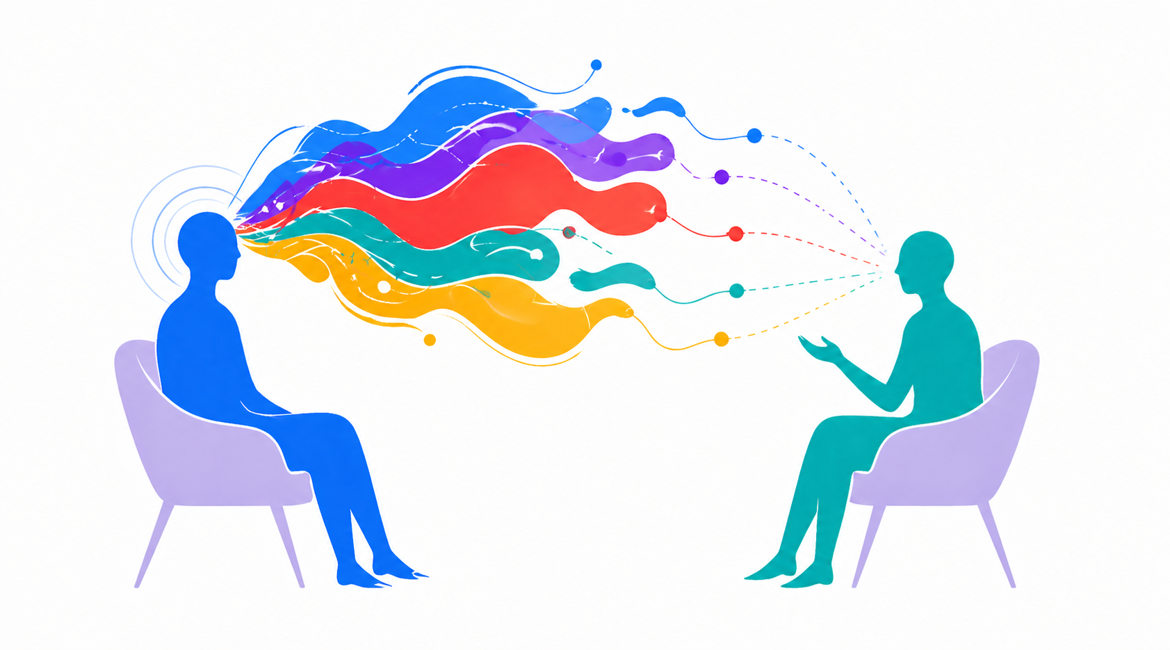 Editorial illustration of a client and coach exploring a floating field of five colored thinking patterns, symbolizing how Stress Patterns are observed during a Mind Modes® session.