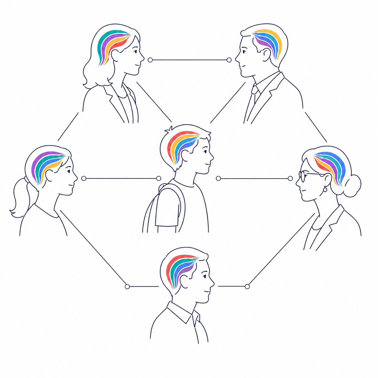 Editorial illustration showing multiple institutional roles connected by thin lines, each with five flat Mind Modes® color layers inside the head to represent cognitive diversity across an organisation