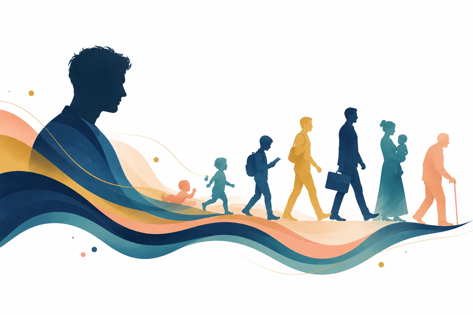 Editorial illustration of an adult silhouette with flowing gradients forming life stages from baby to elder.