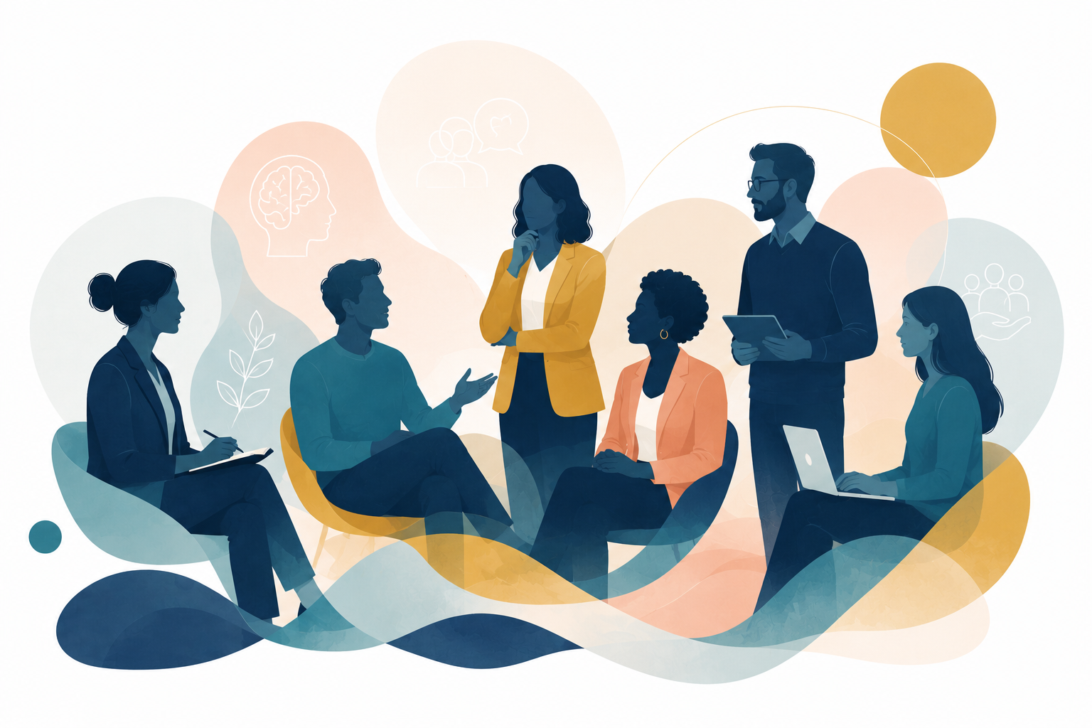 Editorial illustration showing diverse professionals in conversation, symbolizing coaching, counseling, and organizational development.