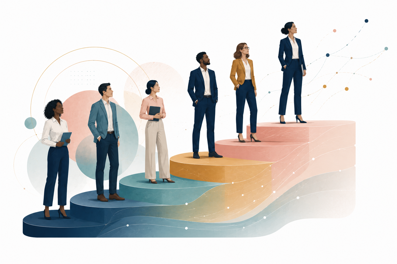 Editorial illustration showing diverse professionals standing on layered steps symbolizing entry levels and progression.