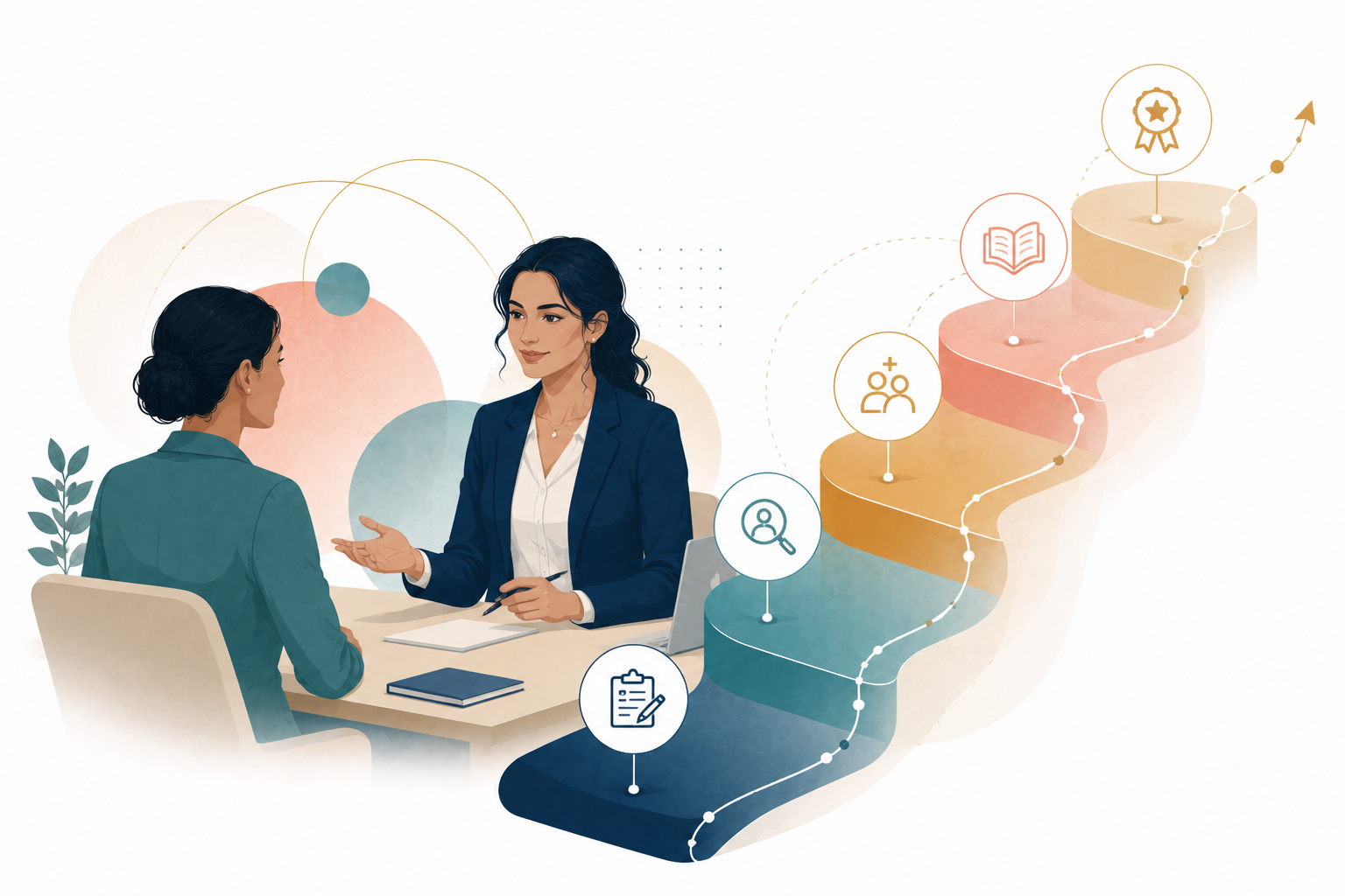 Editorial illustration showing two professionals in conversation with layered steps behind them symbolizing the certification process.