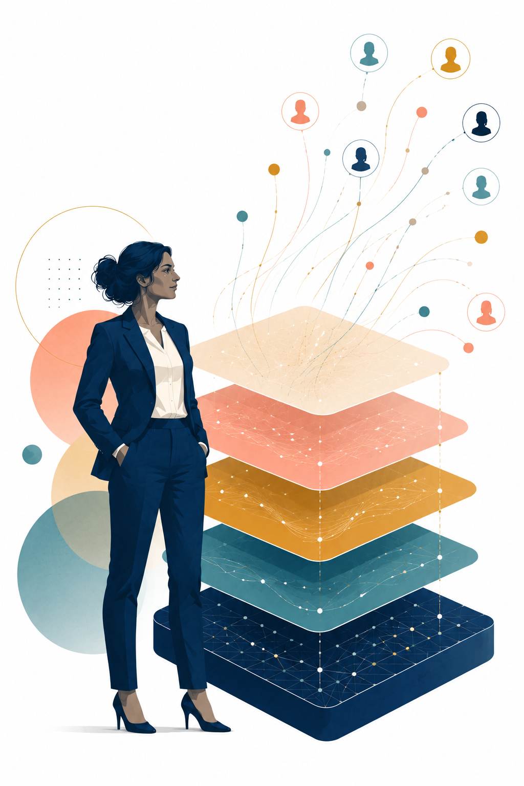 Editorial illustration showing a professional figure beside abstract layered planes symbolizing structured system, growth, and network.