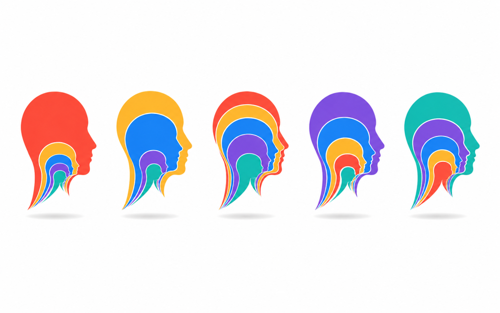 Five vertical layered-head silhouettes in Mind Modes® colors with different proportions, showing imbalance before achieving balance.