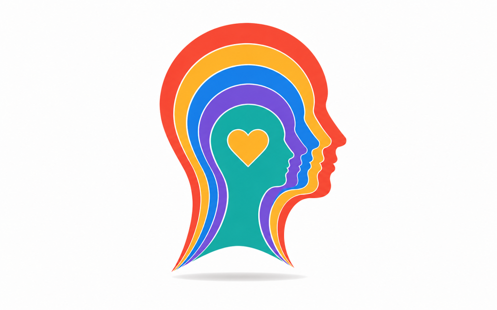 Layered head silhouette in Mind Modes® colors with a heart inside, symbolizing emotional intelligence.