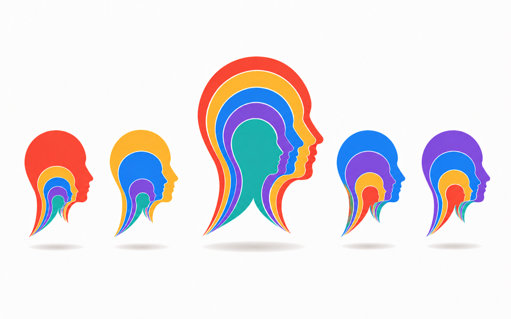 Five layered-head silhouettes in Mind Modes® colors, each with different dominant hues, and one larger balanced head symbolizing leadership.
