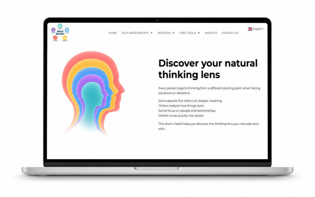 Laptop screen showing Mind Modes® Thinking Lens Check with layered head colors.