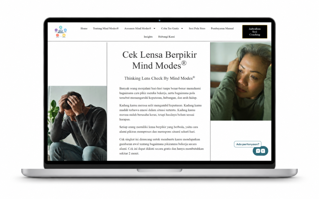 Laptop screen showing the Mind Modes® Thinking Lens Check page with two people reflecting, symbolizing awareness of thinking patterns.